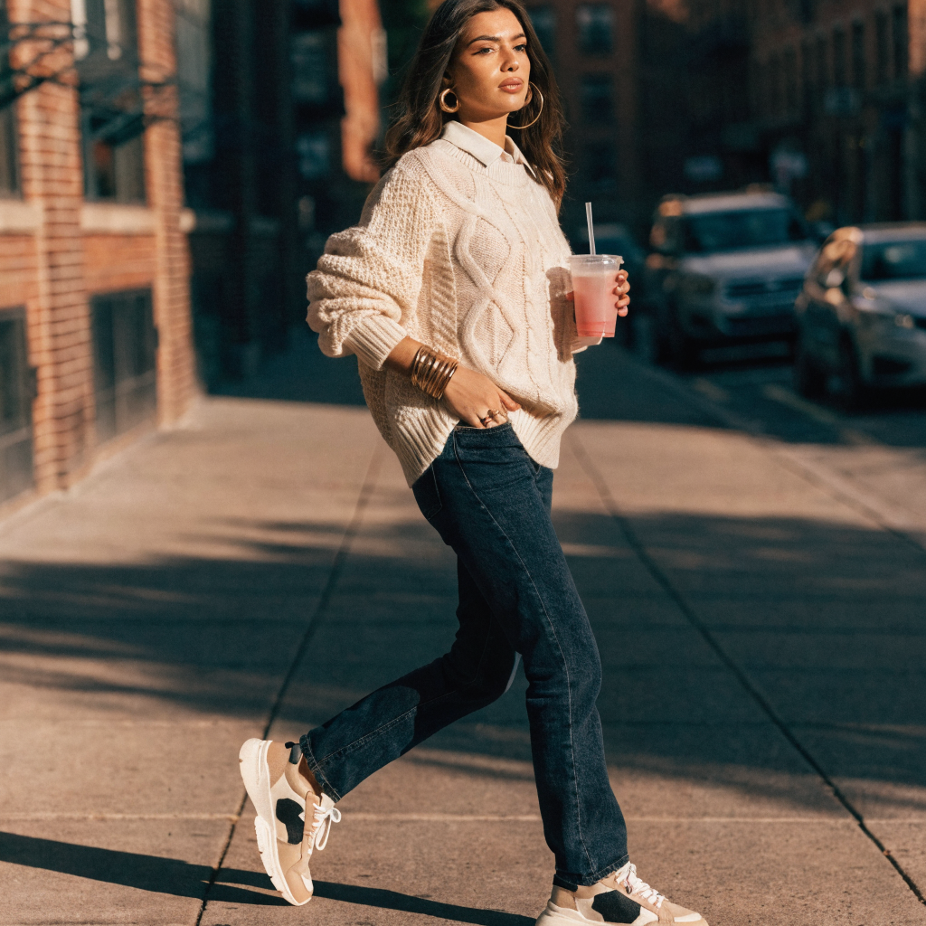Woman wearing cream knit sweater and dark jeans, urban street style