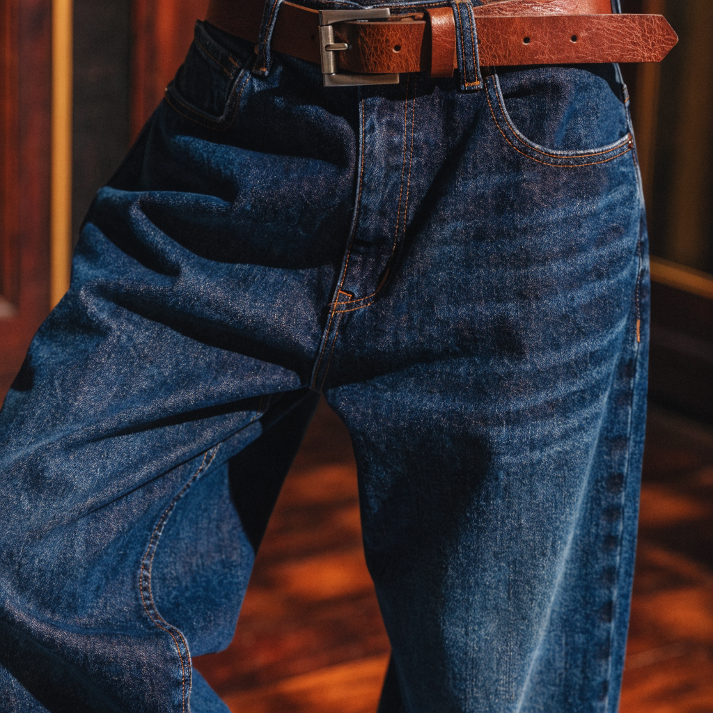 Close-up of premium denim jeans with leather belt detail