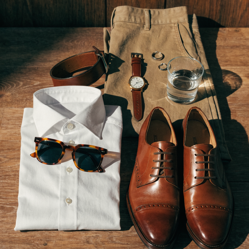 Fashion flat lay outfit with white shirt, khaki chinos, and accessories