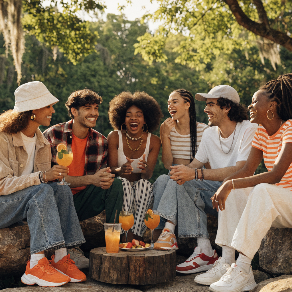 Group of friends wearing casual stylish clothing outdoors