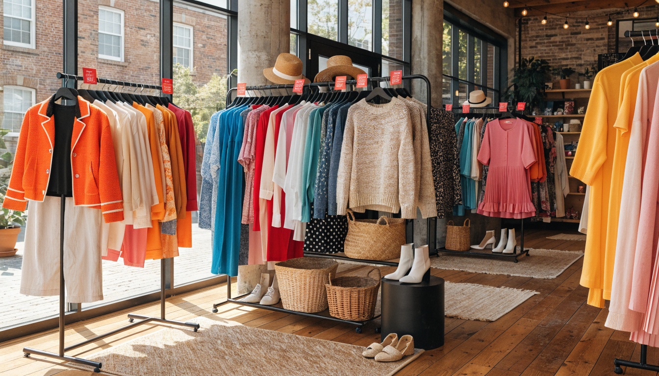 ShopNational Clothing clearance sale with colorful clothing racks and discount tags